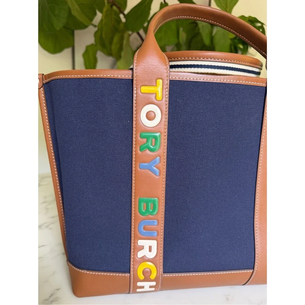 Tory Burch Perry Navy Multi Stripe Canvas Leather Triple Compartment Tote